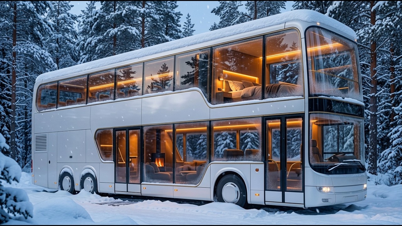 I Turned an Abandoned Double-Decker Bus into a 2-Story Luxury Motorhome Mansion in a Snowstorm(ASMR)