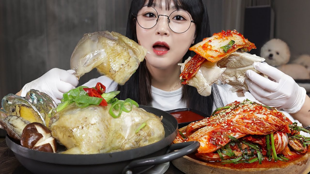 куриный суп с морским ушком (самгетан), свежее кимчи Mukbang Asmr