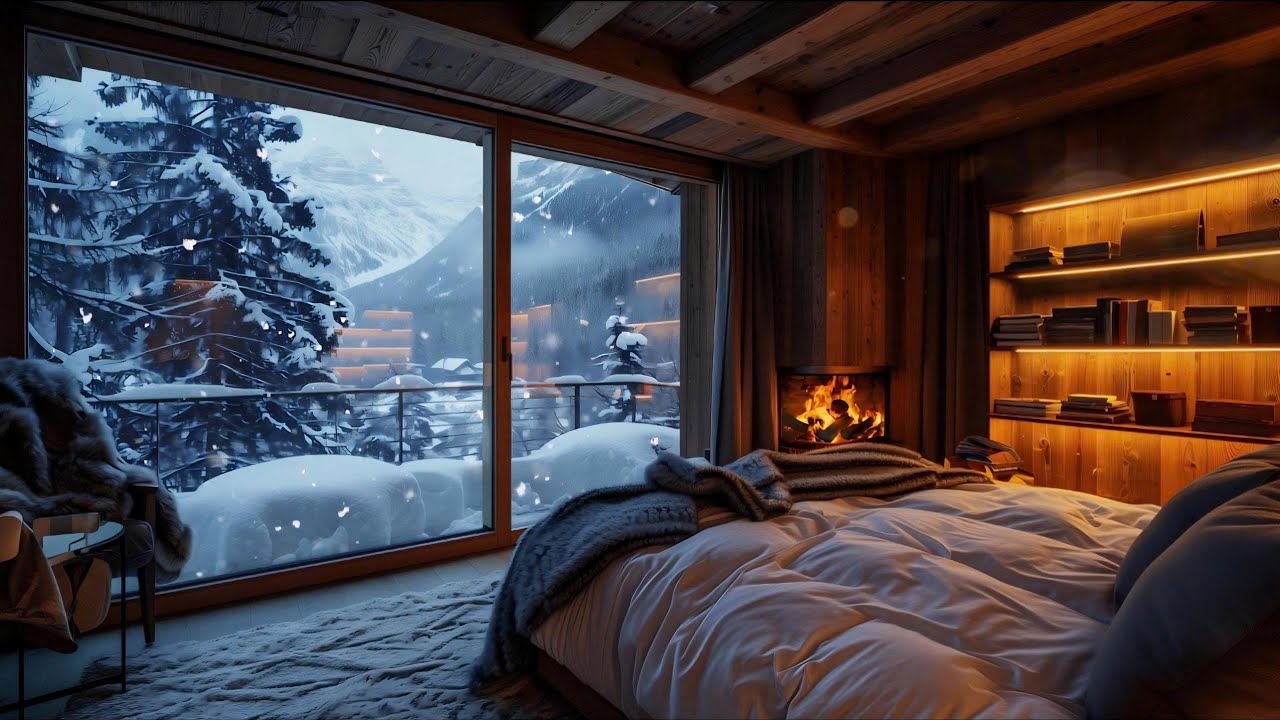Gentle Snowfall • Cozy Bedroom Fireplace | Deep Winter Sleep