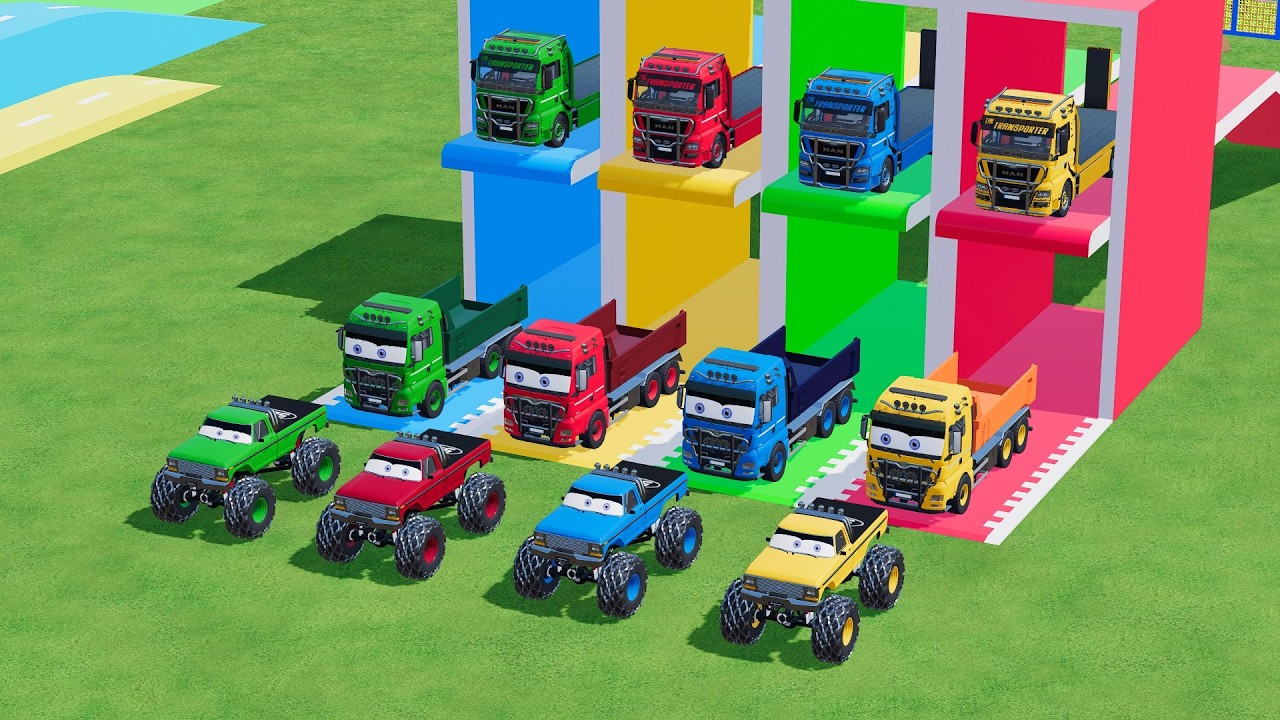 Garage with Colors - ALL MIXER TRUCK WITH DOUBLE FLATBED TRAILER TRUCK, KENWORTH, PAZ, MONSTER TRUCK