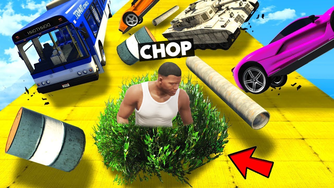 GTA 5 CHOP HIDING IN BUSH TO SURVIVE CAR AVALANCHE