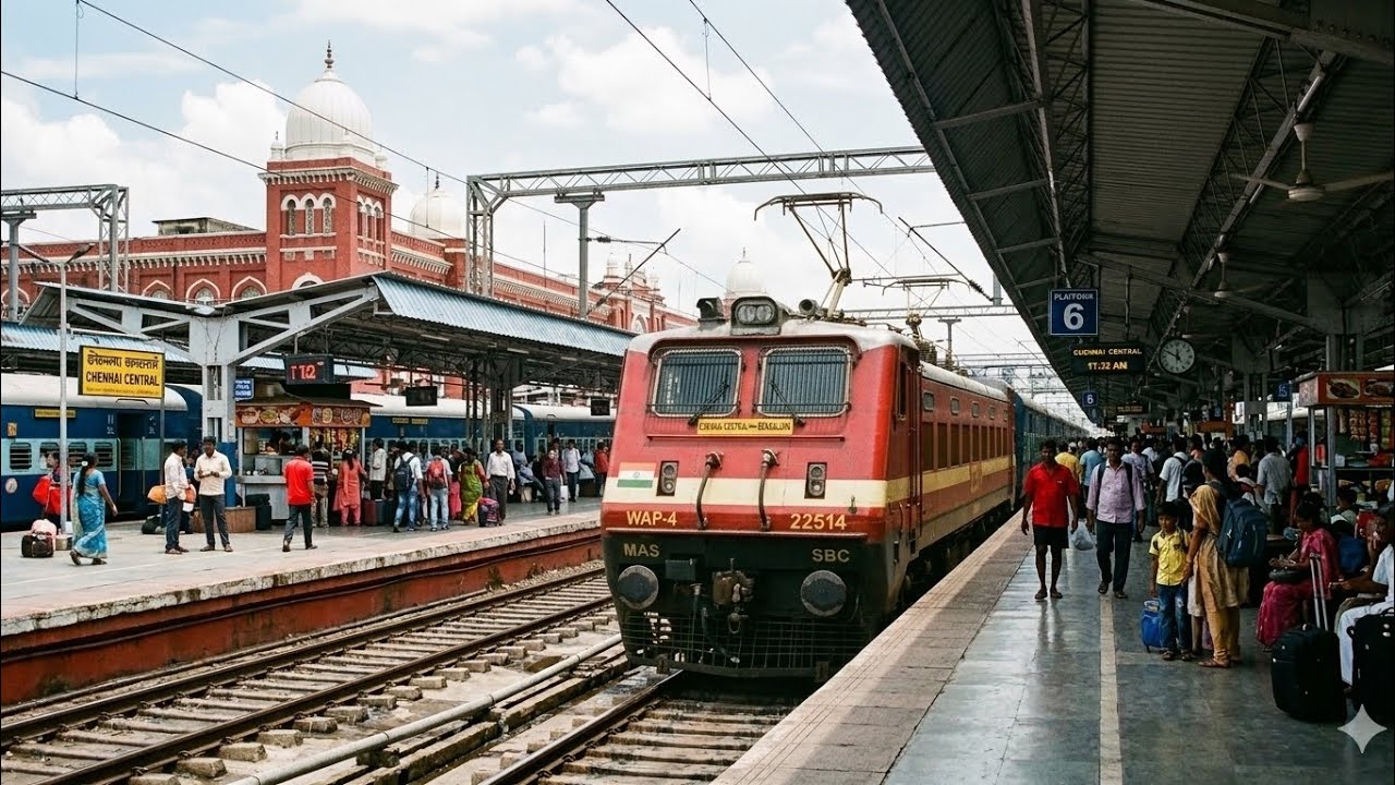 Chennai Central - Bengaluru Junction | Indian Railways | WAP 4 Locomotive Engine Running On Track 