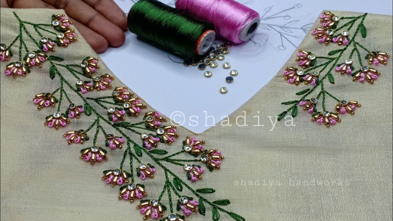 Grand look hand embroidery neck design with beads and thread|hand embroidery neck design