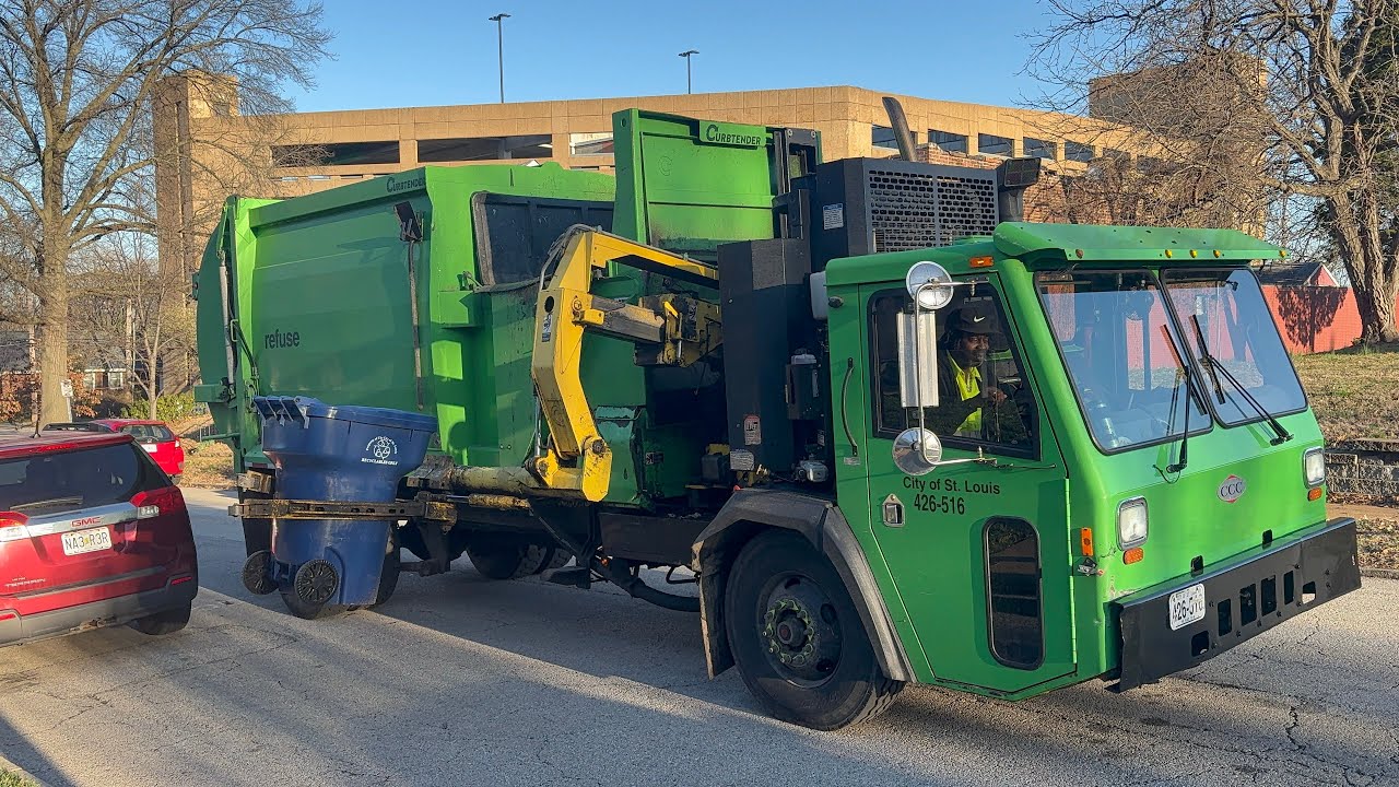 City of St Louis Green CCC Wayne Curbtender side loader garbage truck on recycling