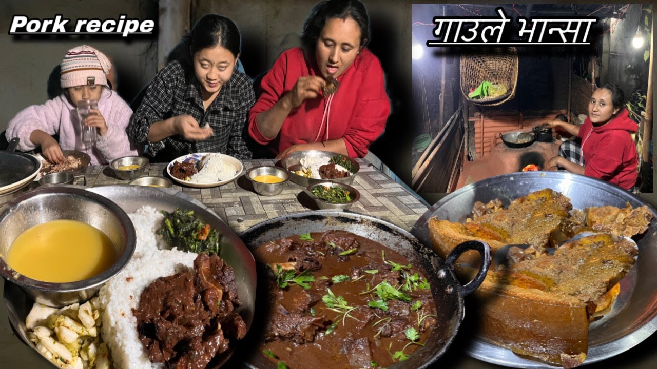 Nepali Village Recipe Black Pork Meat Gravy Recipe || Eating With Dal Rice Village Kitchen
