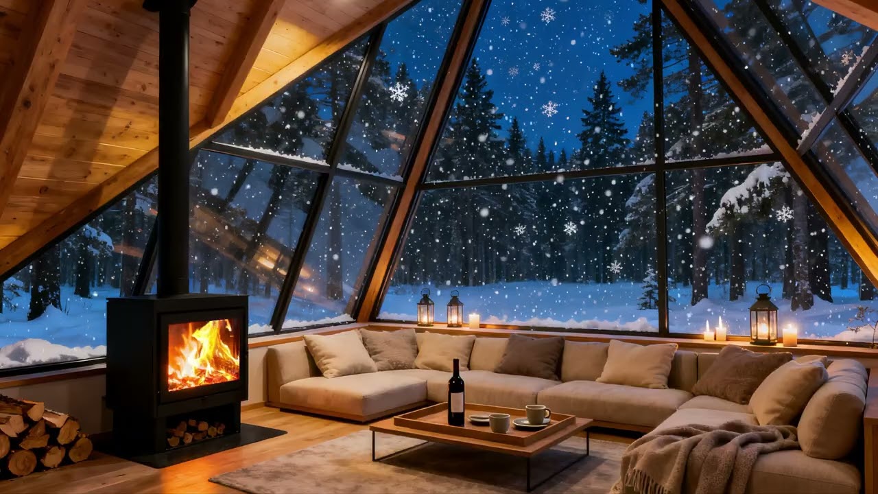 Heavy Snowfall Outside Modern A-Frame Cabin ❄️🔥 Warm Fireplace Sounds for Insomnia Relief and Focus