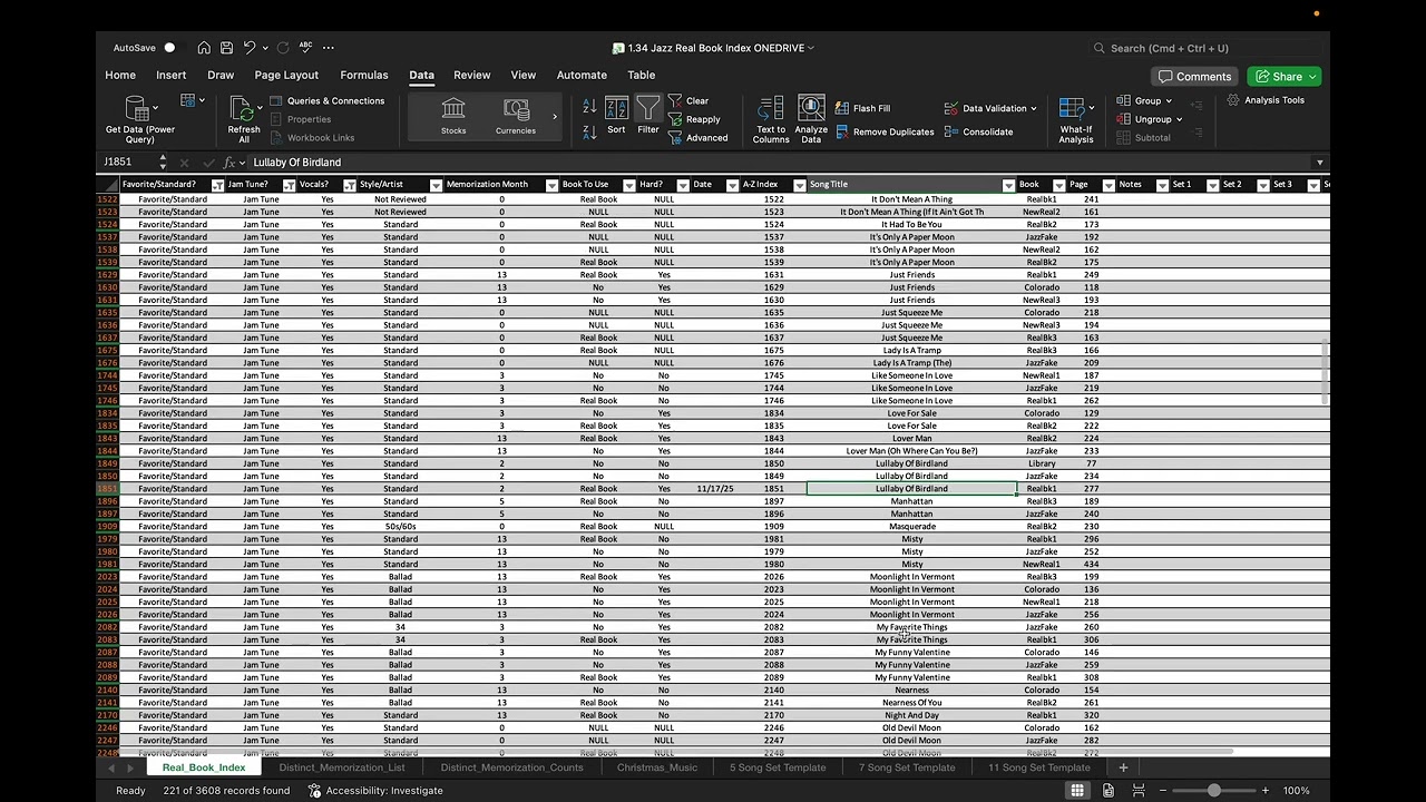 Real Books Table of Contents Spreadsheet