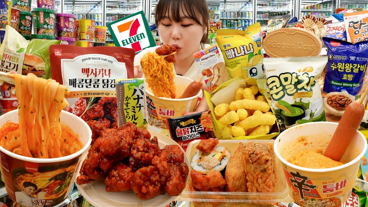 7-11 Convenience Mukbang😊Шин Рамен Тувумба, Калгуксу, Гамбургеры, Закуски и Мороженое🍦