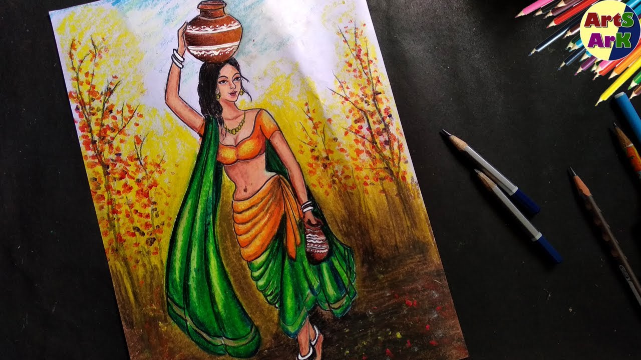 Village Girl with Kalash Drawing with colour | Village girl going home from river