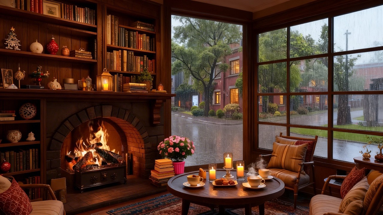 Cozy Coffee Shop Jazz ❄️ Fireplace Reading Room with Rainy Outside