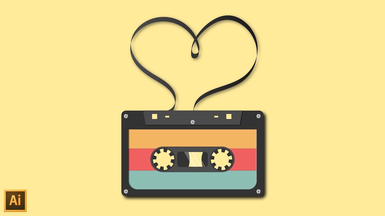 cassette in illustrator | flat design cassette illustrator | vector easy flat illustrator tutorial