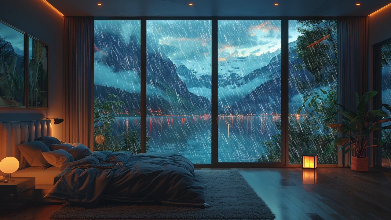 Relaxing Rain Sounds 4K 🌧️ Cozy Room by the Lake | Sleep, Study, Meditation | TV Ambient Background