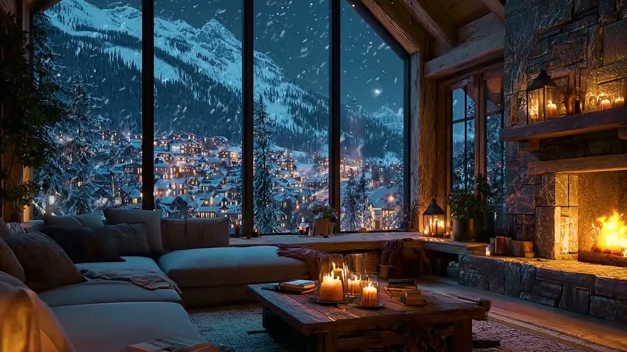 Tranquil Snow Cabin Night Ambience with Soft Firelight and Winter Silence for Deep Calm