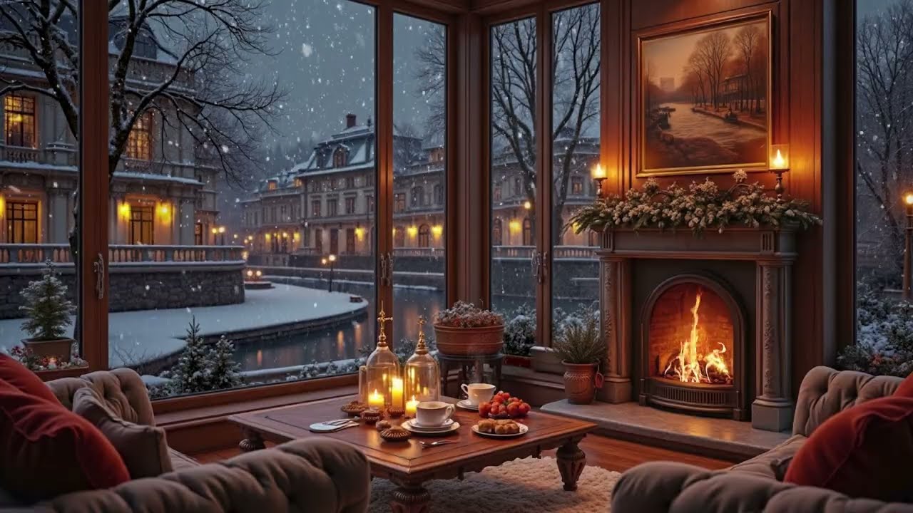 Cozy Winter Coffee Shop Jazz Ambience with Smooth Piano and Fireplace Sounds
