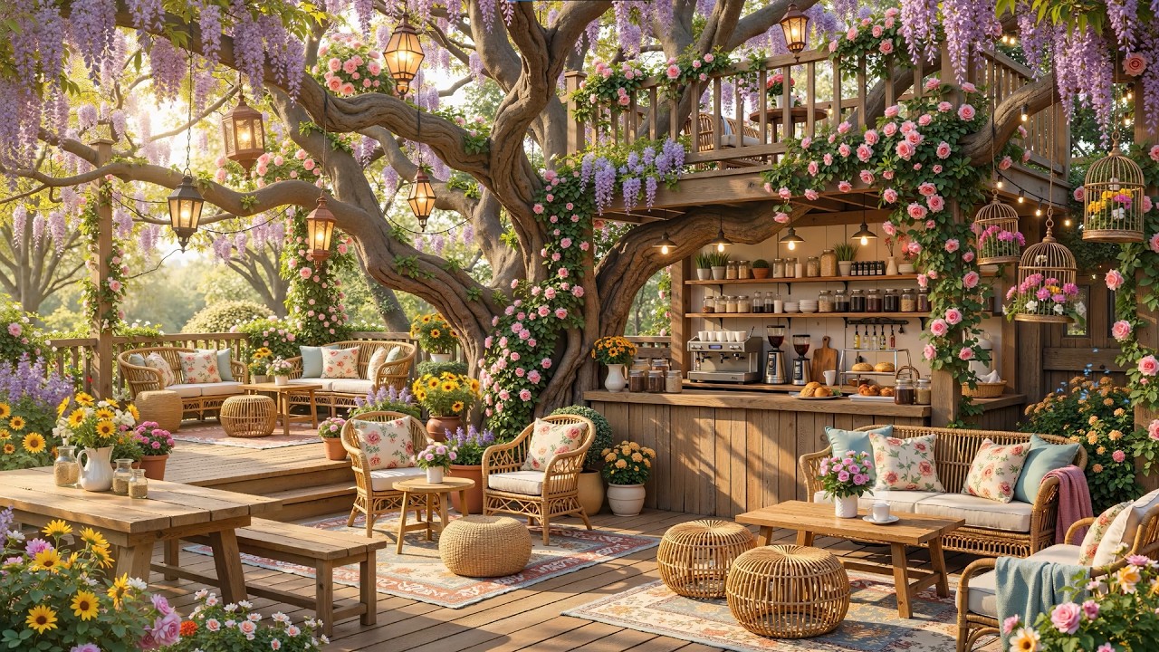🌸 Beautiful Spring Coffee Jazz | Relaxing Garden Café Ambience with Smooth Jaz Music & Birdsong 🐦
