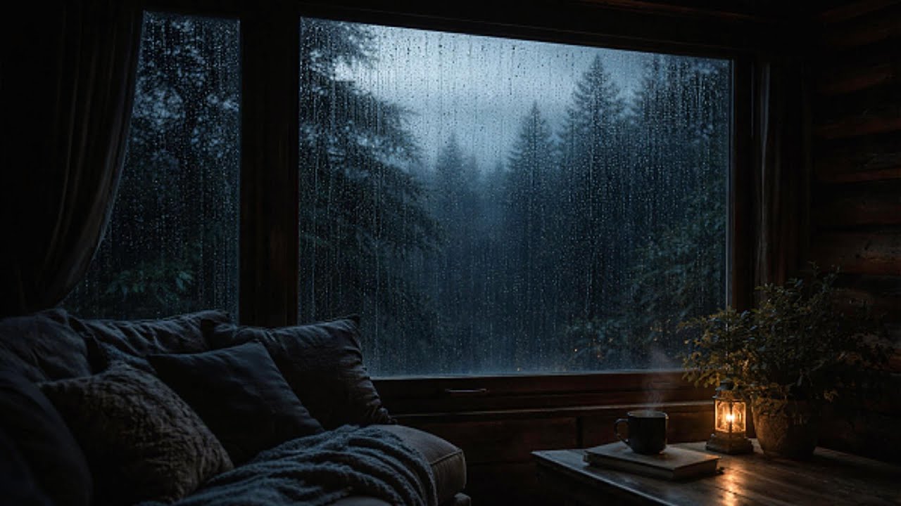 Rain on Window Forest Scene | Soft Lamp Glow & Cozy Night Ambience