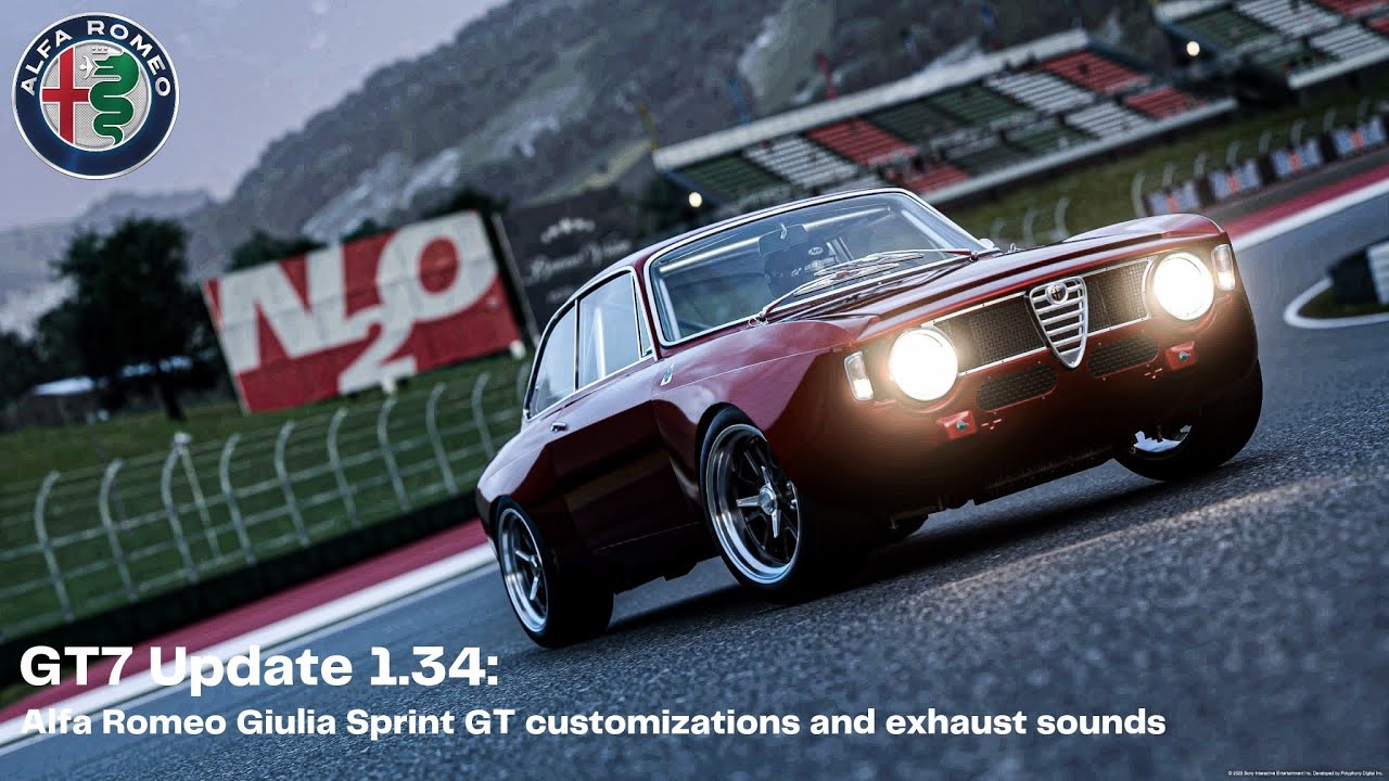 GT7 Update 1.34: Alfa Romeo Giulia Sprint GT customizations and exhaust sounds