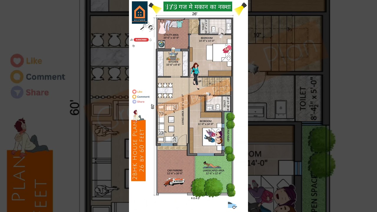 26x60 Feet 3BHK Duplex House Plan in 173 yards Plot