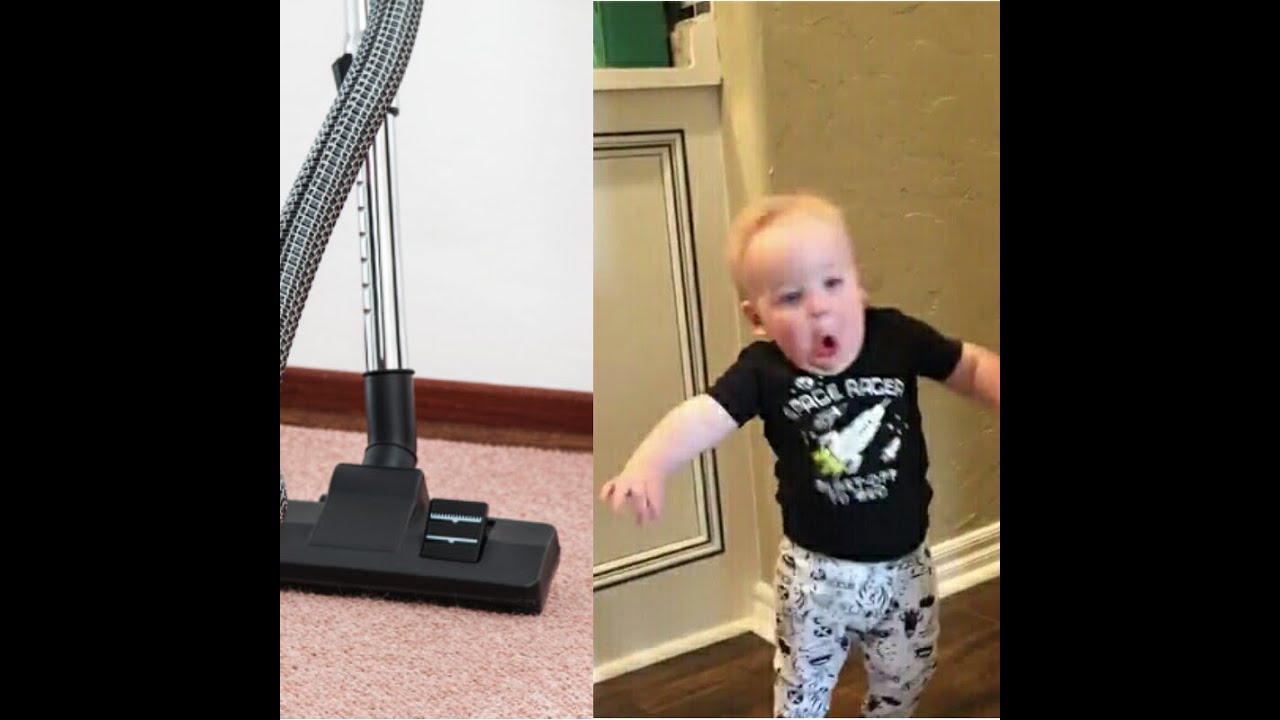 Funny babies scared  of vacuum