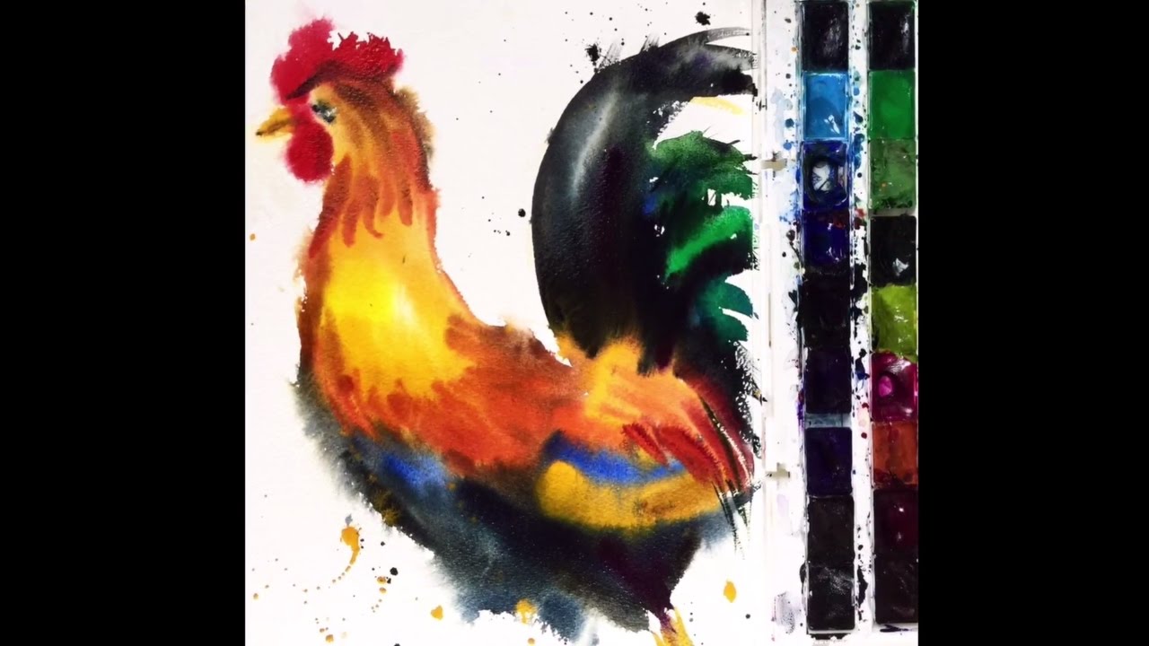 DIY. Clean Color Real Brush Rooster Speed Drawing. Wet to wet Watercolor painting.