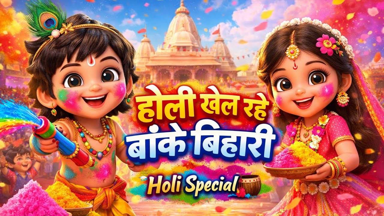 होली खेल रहे बांके बिहारी 2026 🌸 | आज रंग बरस रहा | Kids 3D Radha Krishna Holi Song l 3D Animation 