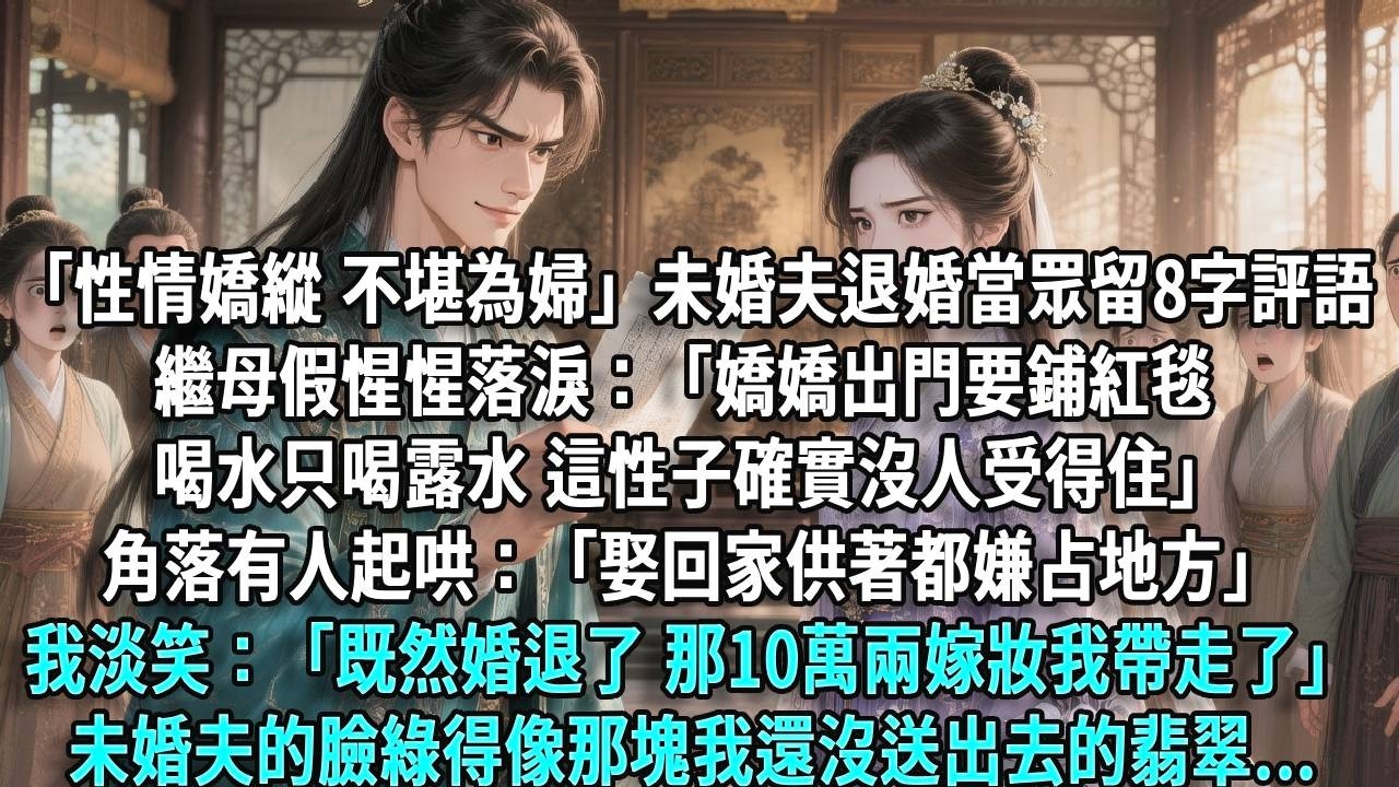 「性情嬌縱，不堪為婦」未婚夫退婚還為我留下八字評語。繼母假惺惺落淚：「嬌嬌出門要鋪紅毯，喝水只喝露水，這性子確實沒人受得住」角落有人起哄：「娶回家供著都嫌佔地方」我笑：「既然婚退了，那十萬兩嫁妝我