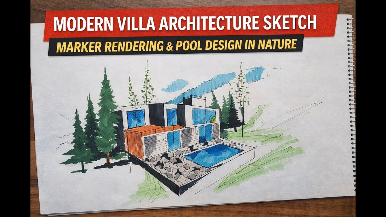 Modern Villa Architectural Sketch Tutorial | Marker Rendering & Pool Design
