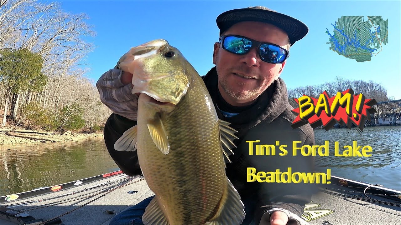 Tim's Ford Lake PreSpawn Bass Fishing Beatdown/30+mph wind /thought I hooked a tree, then it moved!!