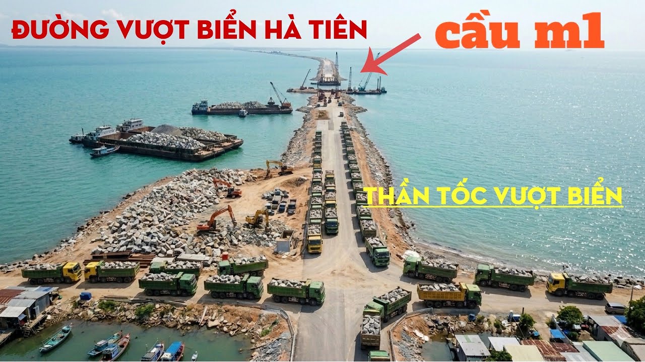 Đường Vượt Biển Hà Tiên Hôm Nay Tăng Cường Rất Nhiều Xe Chở Đá Và Sà Lan , Sắp Tới Điểm Móng Cầu 
