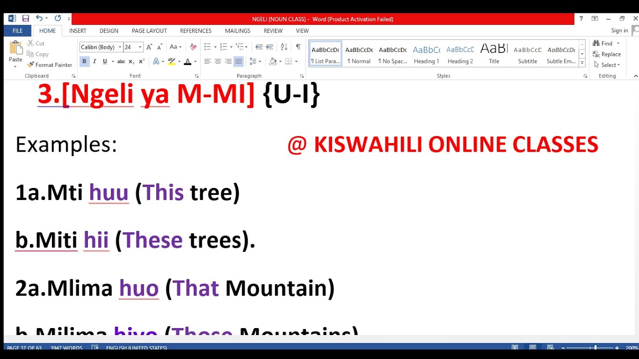 Swahili  Grammar lesson[NGELI YA M-MI [U-I]