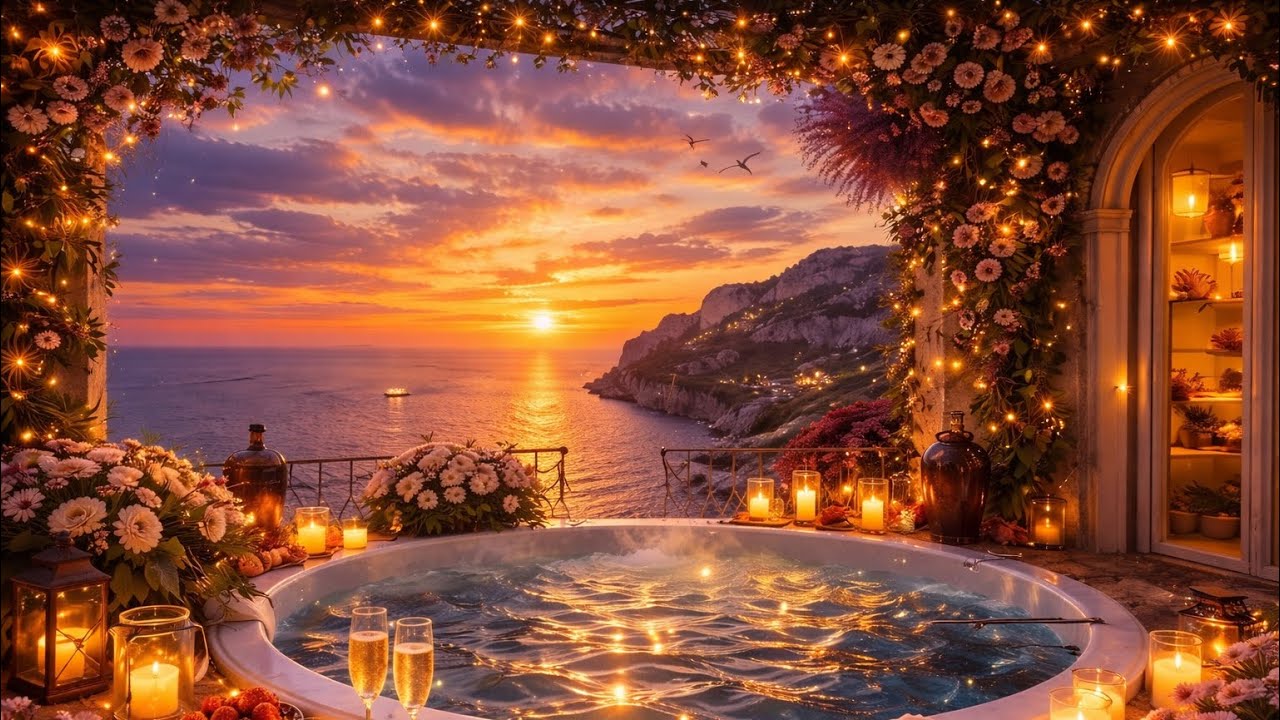 2 HOURS Sunset Hot Tub Ambience | Cozy Candle Lights & Ocean View | Relaxing Sleep Music