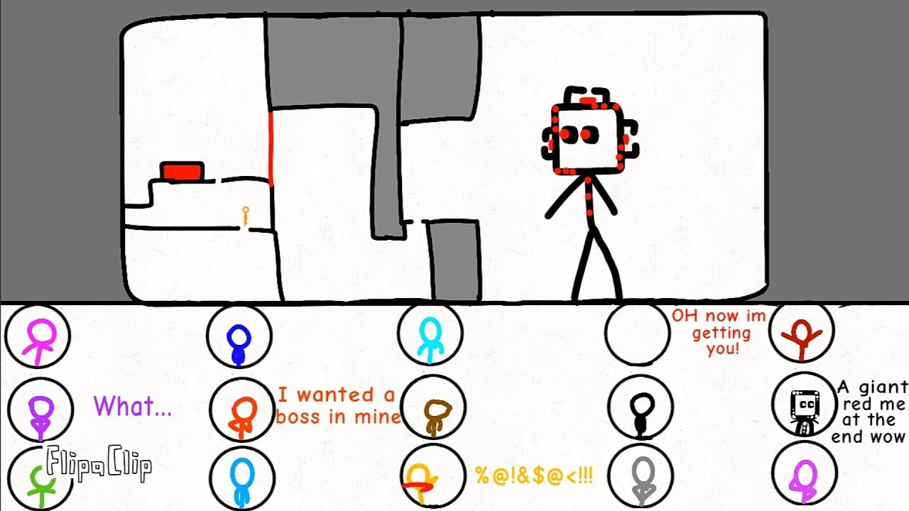 The stick figures react to obstacle courses