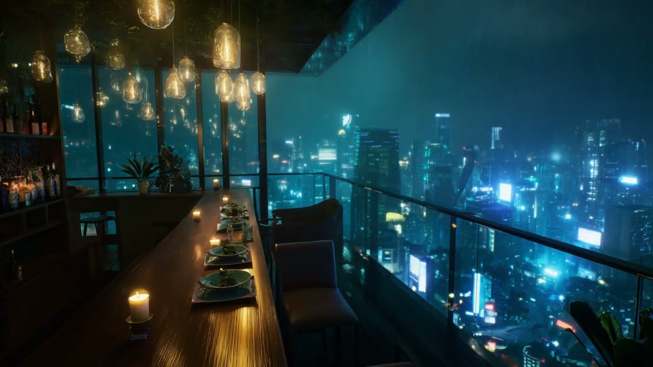 🌧️ Cyberpunk Neon Terrace Bar 🥃 Rainy City Lofi Beats for Study, Relax & Sleep | 2 Hours  | 4k