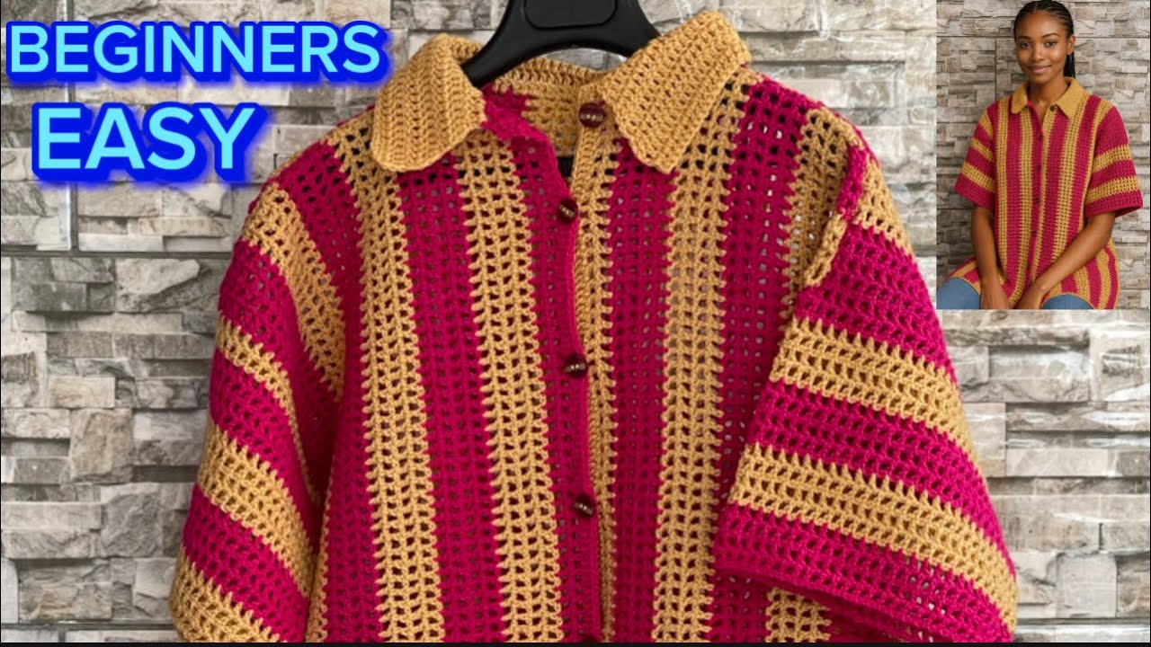 🧶How To Crochet Easy Polo Shirt for Women Beginners / Crochet Mesh Shirt #crochetwomenshirt #untie