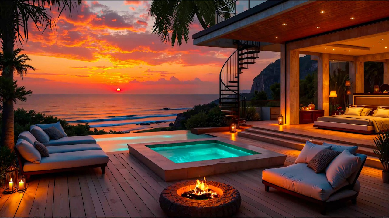 Romantic Sunset Seaside Jazz  | Gentle Waves & Sleep Jazz Piano, Soft Fire Crackles for Deep Calm