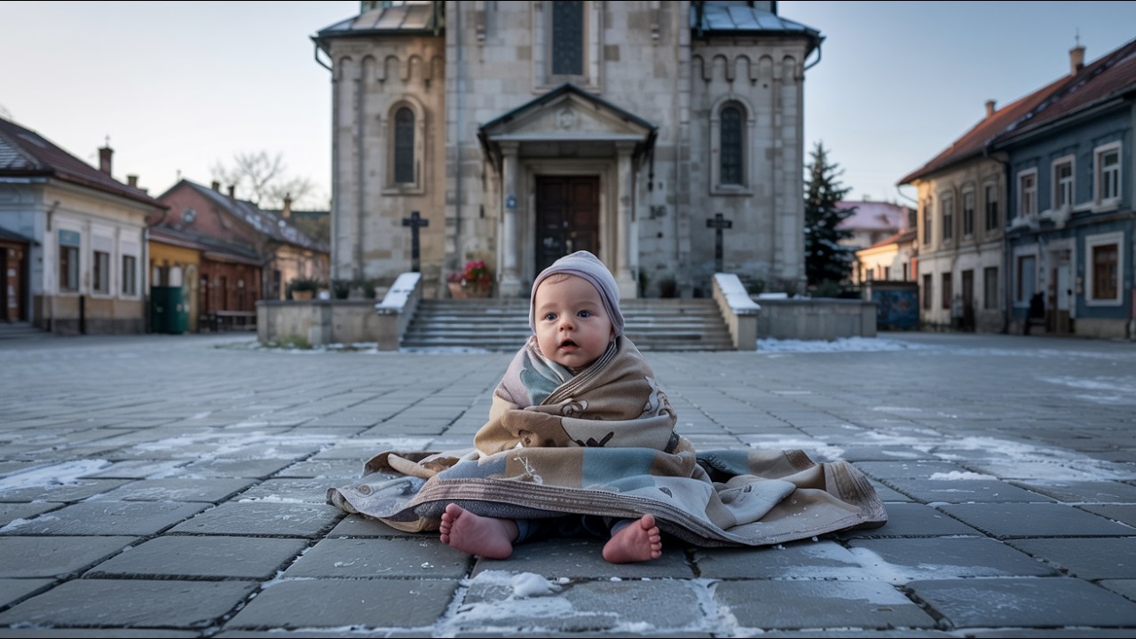 Bebelușul stătea singur în fața bisericii, în frig — milionarul îl găsește și izbucnește în plâns