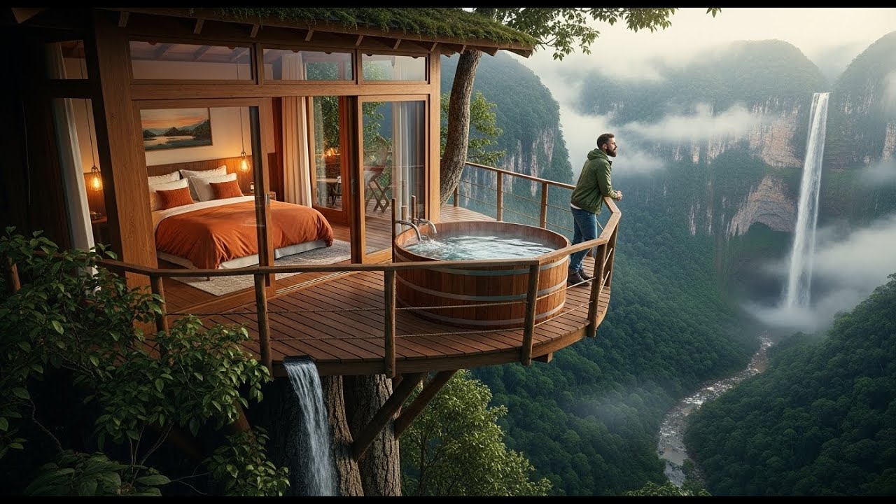 Luxury treehouse on a high cliff with hot tub overlooking a majestic waterfall and misty valley.