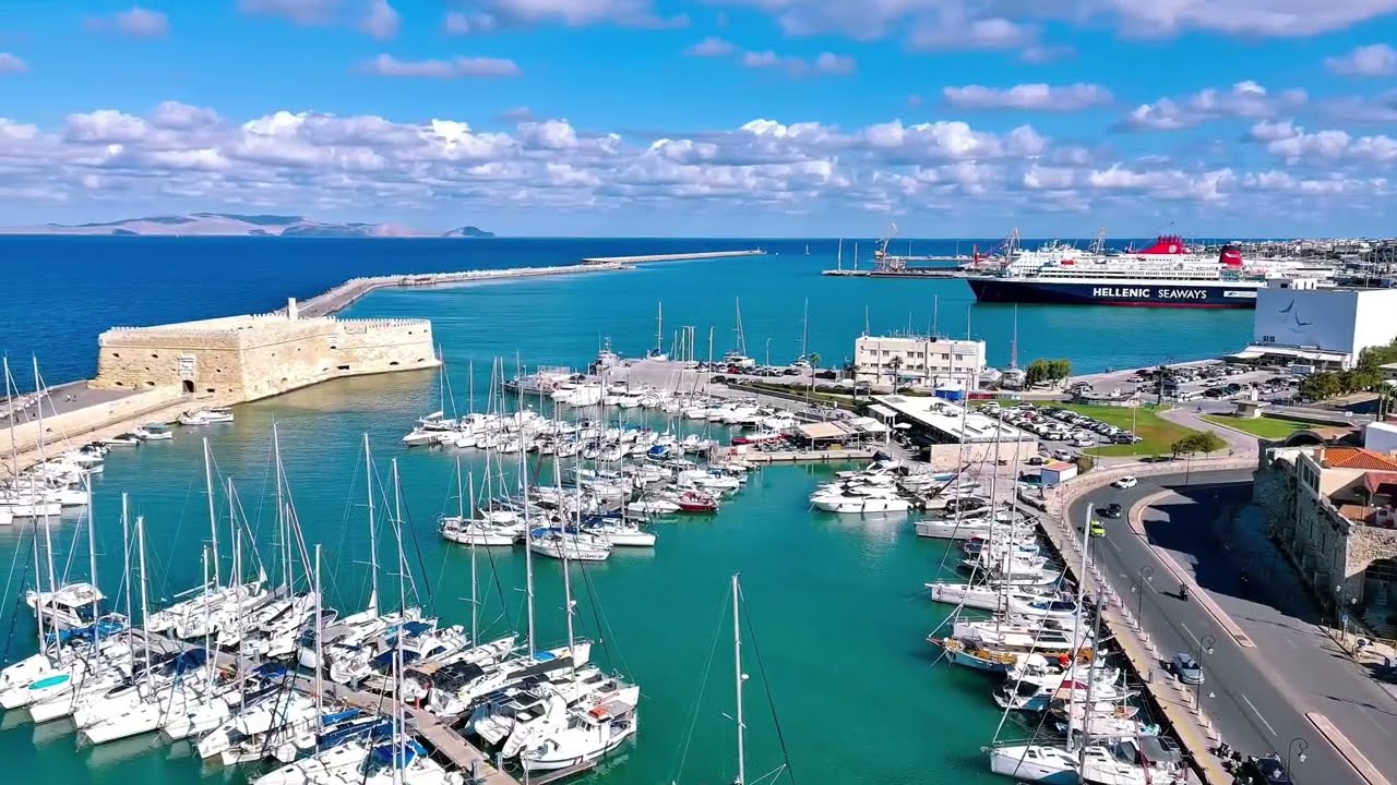 Heraklion from Above –Relaxing Drone Flight Over Harbor – Venetian Fortress & Crete Coast in 4K.