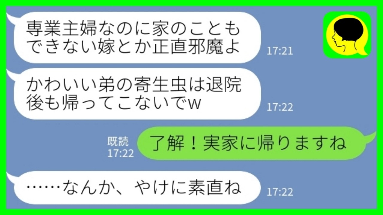 【LINE】私が病気で入院中に同居の義姉から突然の退去通告「かわいい弟の寄生虫はそのまま帰ってくるなw」私「了解！実家に帰りますね」&rarr;言われた通りにしただけなのに、家庭崩壊へwww
