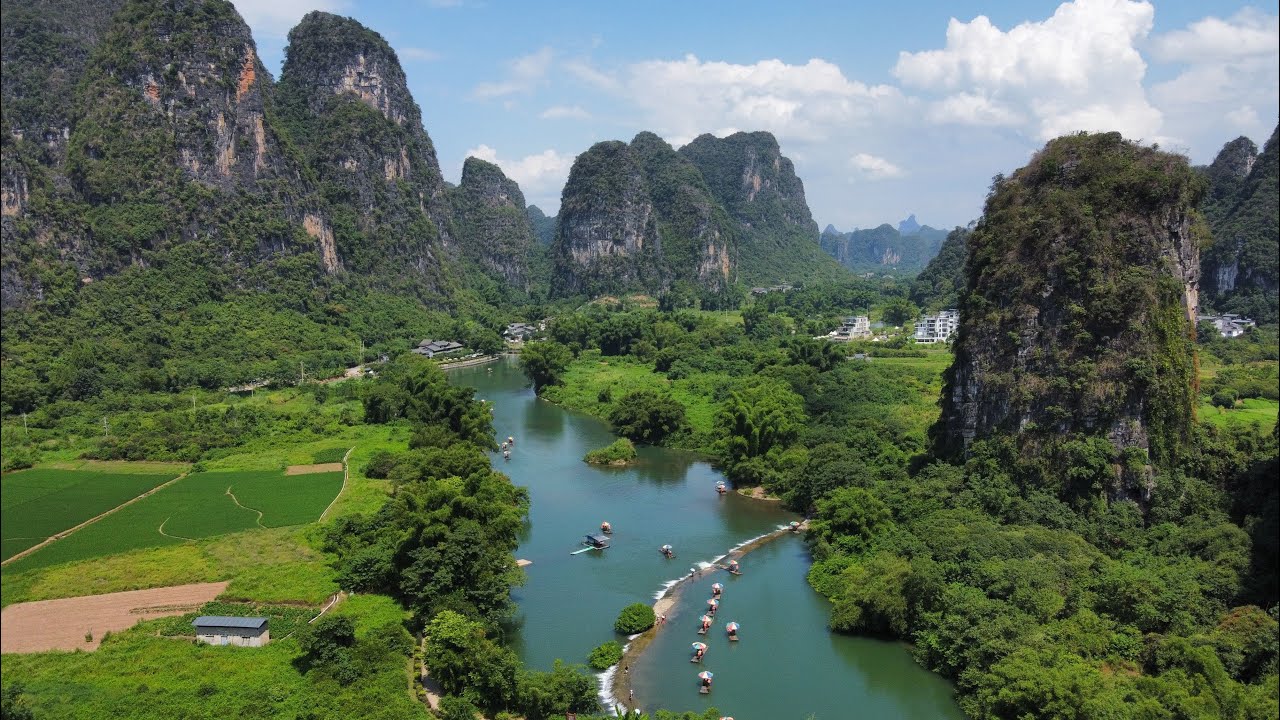The Li River and Mountians - Guilin China - 4K Relax Drone Video