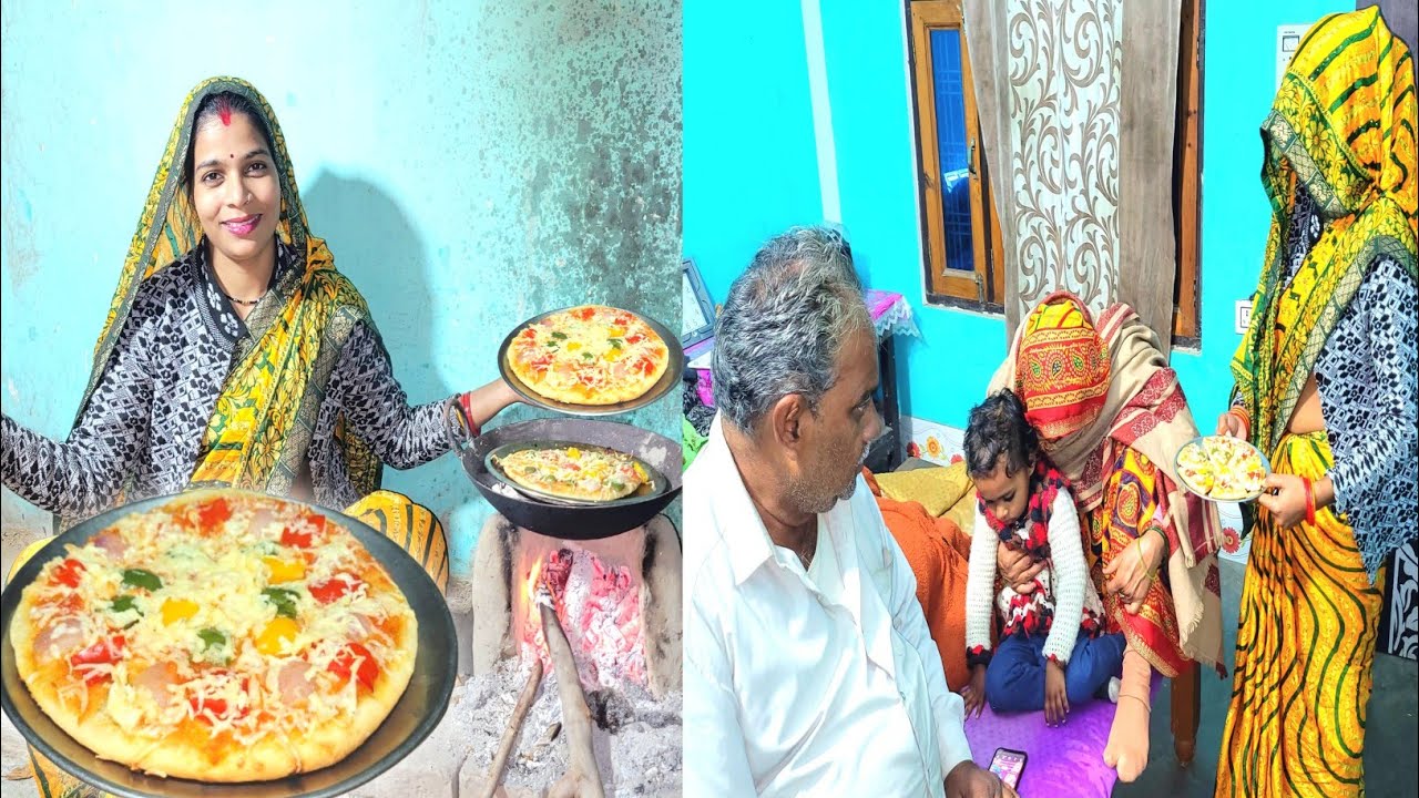 जब पहली बार बनाया घर में पिज्जा🍕/ससुराल वालो का रियेक्शन तो देखो🫢#pijjarecipi#villagecooking