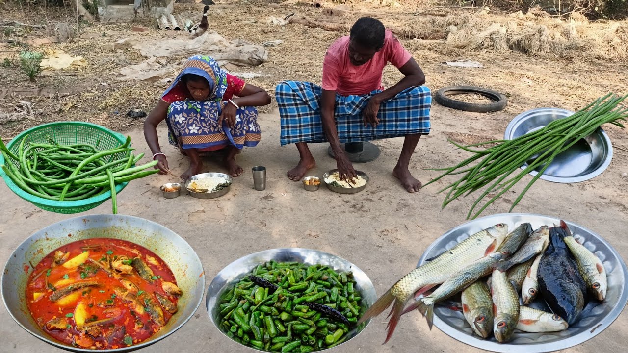 fresh BATA FISH with DRUMSTICK curry recipe and BEANS fry cooking and eating rural couple