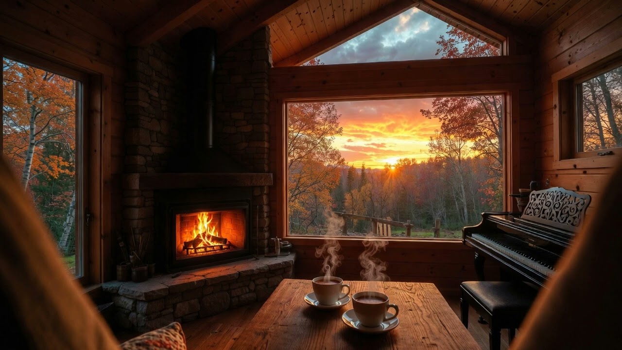 Autumn Cabin Evening • “Amazing Grace” Piano & Fireplace for Cozy Focus & Deep Relaxation (1hour)