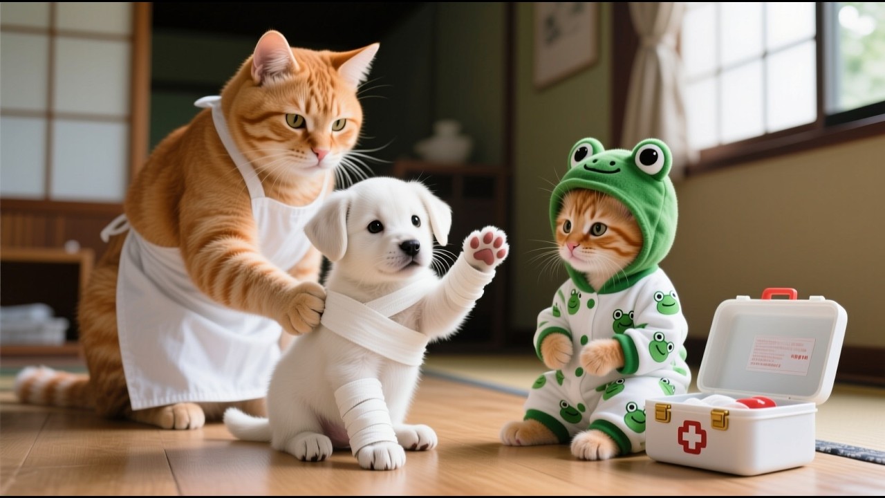 Ginger Kitten Saves an Injured Puppy — Mama Cat Is Shocked