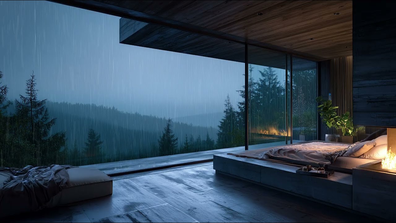 Rainy Forest Bedroom Ambience 🌧️🔥 Cozy Modern Ambience: Rain & Soft Distant Thunder | 6 Hours (HD)