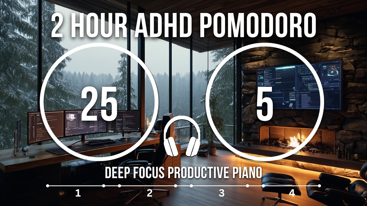 25/5 Pomodoro Timer | Ambient Piano | 2 Hour Deep Focus Study Work