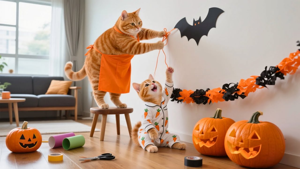 Ginger Kitten Dressed As Witch 🧙🏼, Mama Cat Turns House Into Halloween Magic ✨🎃