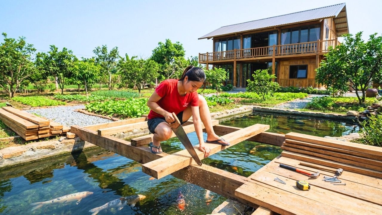 Surprisingly Young Woman Builds Wooden Pond Bridge As Recreation Area - Farm Life