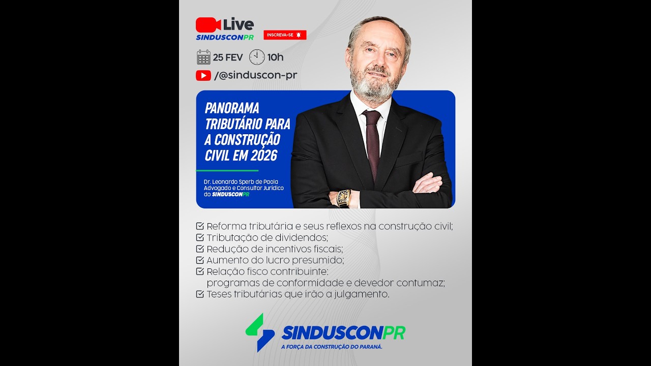 Live SindusconPR | Panorama Tributário para a Construção Civil em 2026