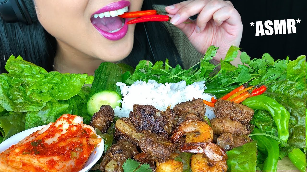 ASMR CARAMELIZED PORK SHORT RIBS & SHRIMP PLATTER (Eating Sounds) | Spicy Chili Peppers | ASMR PHAN